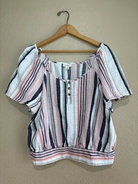 Ana Striped Linen-Blend Peasant Top in Pink and Navy
